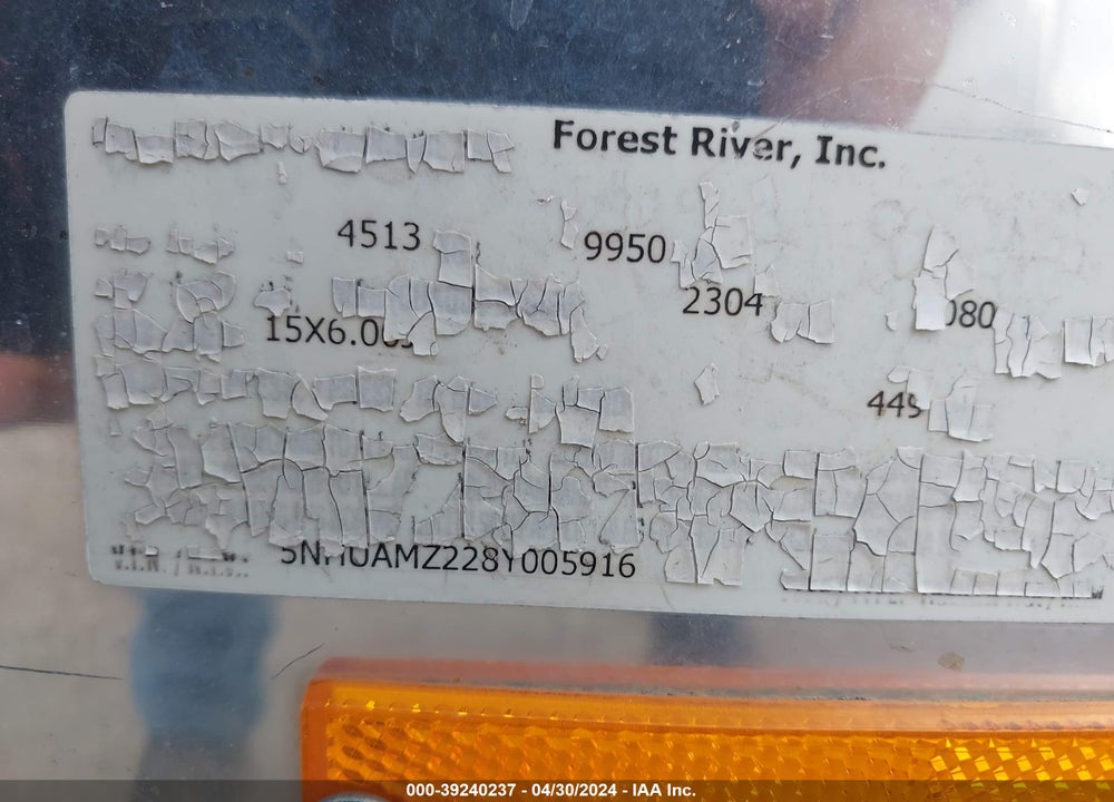 2008 FOREST RIVER 24X8' VIN: 5NHUAMZ228Y005916