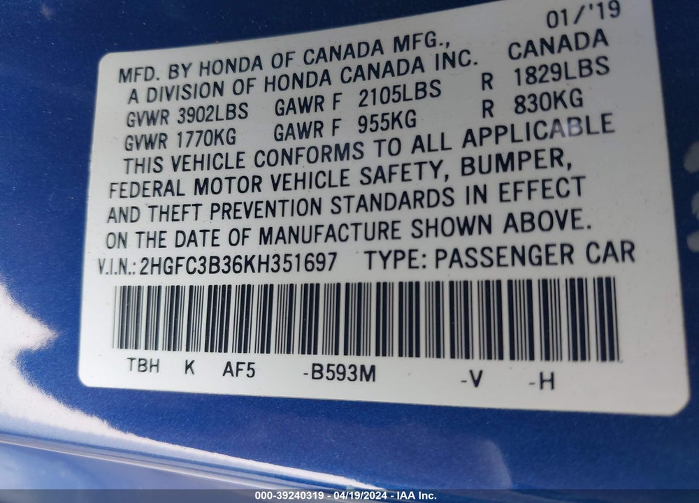 2019 HONDA CIVIC EX VIN: 2HGFC3B36KH351697