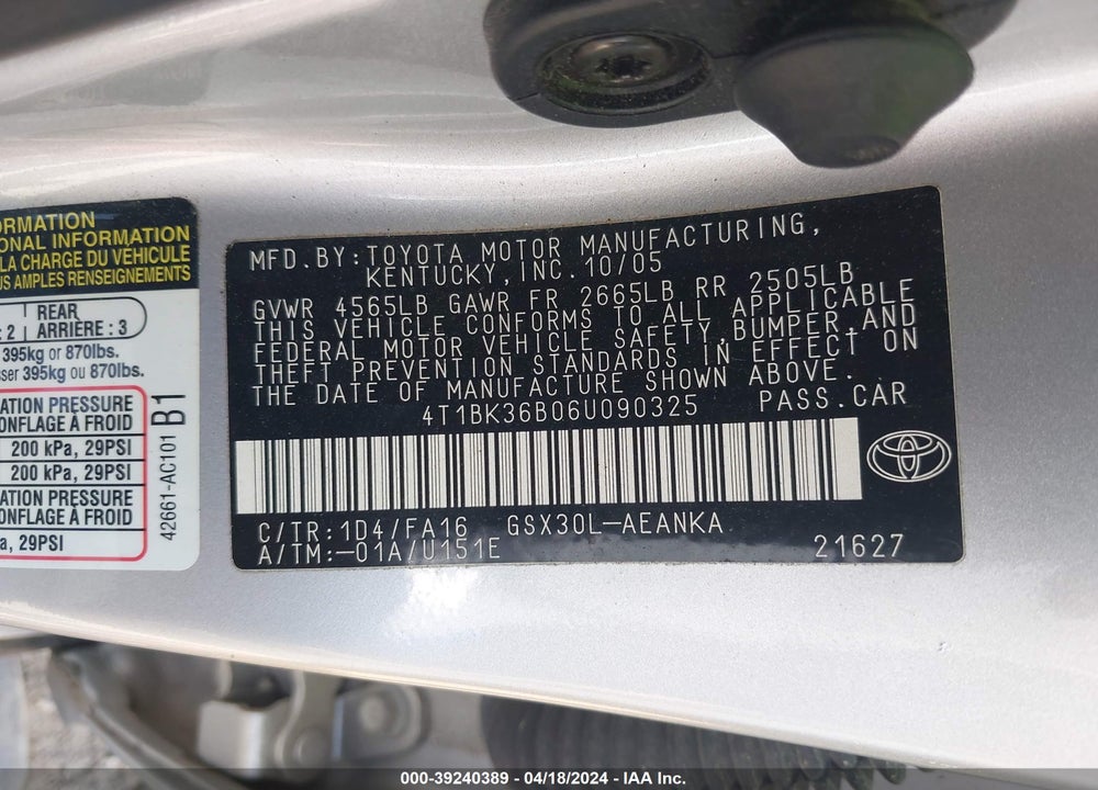 2006 TOYOTA AVALON XL VIN: 4T1BK36B06U090325