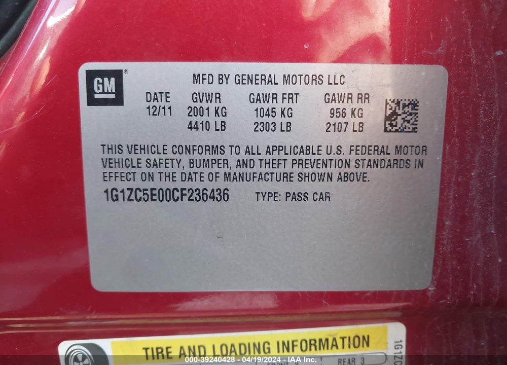 2012 CHEVROLET MALIBU 1LT VIN: 1G1ZC5E00CF236436