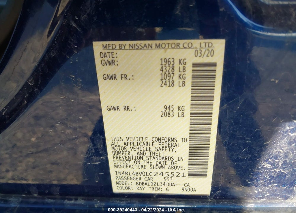 2020 NISSAN ALTIMA S FWD VIN: 1N4BL4BV0LC245521