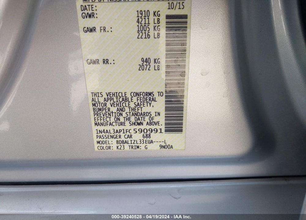 2015 NISSAN ALTIMA 2.5 SV VIN: 1N4AL3AP1FC590991