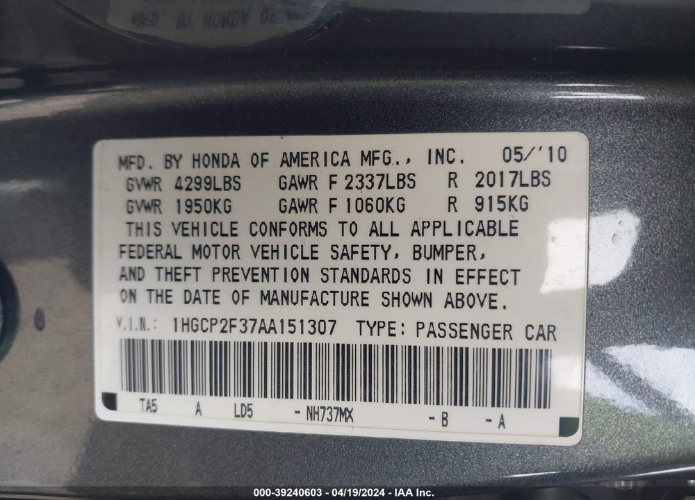 2010 HONDA ACCORD 2.4 LX VIN: 1HGCP2F37AA151307