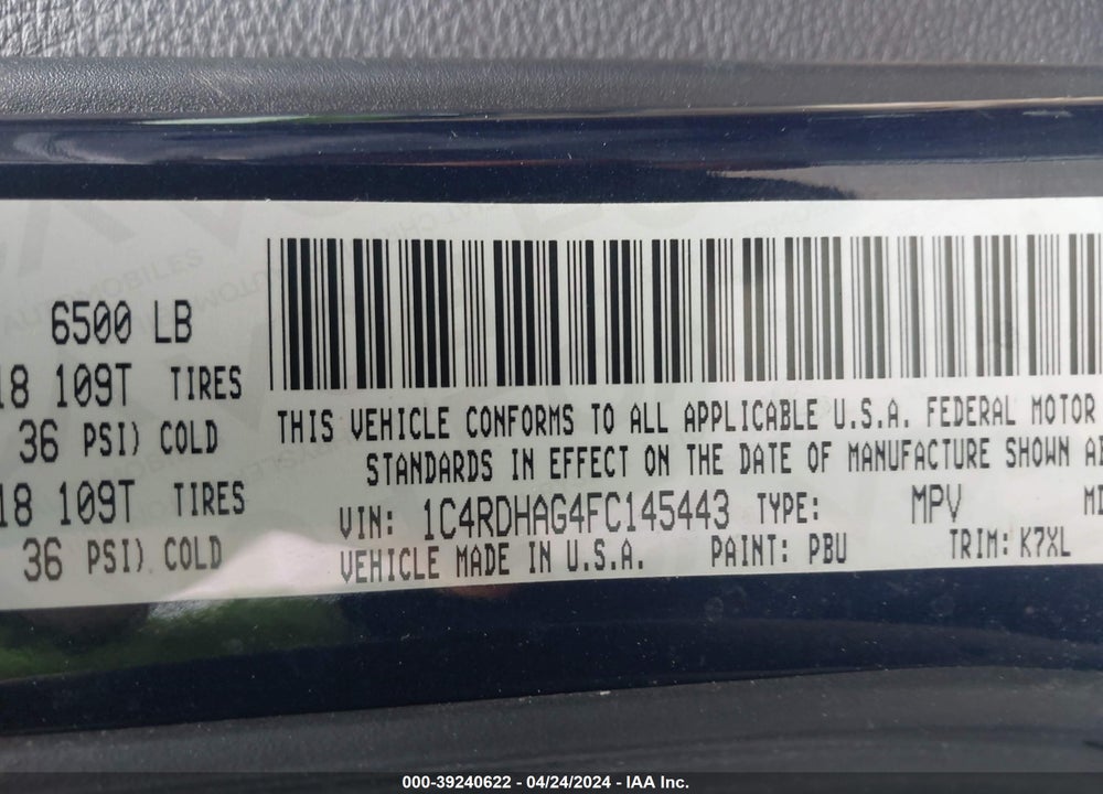 2015 DODGE DURANGO SXT VIN: 1C4RDHAG4FC145443