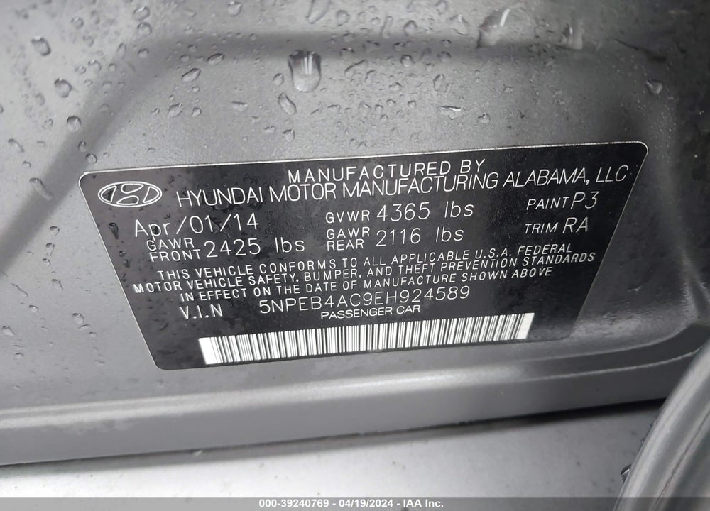 2014 HYUNDAI SONATA GLS VIN: 5NPEB4AC9EH924589