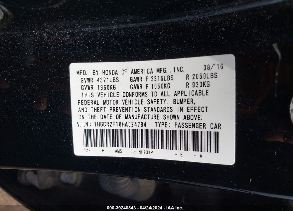 2017 HONDA ACCORD SPORT SE VIN: 1HGCR2F18HA024794