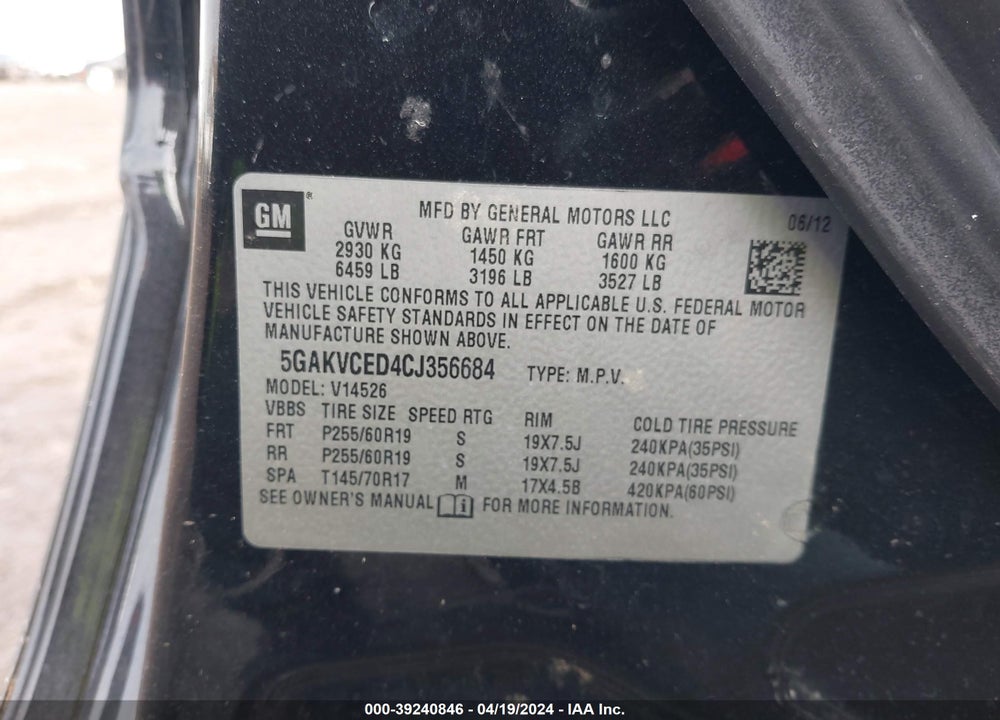 2012 BUICK ENCLAVE LEATHER VIN: 5GAKVCED4CJ356684