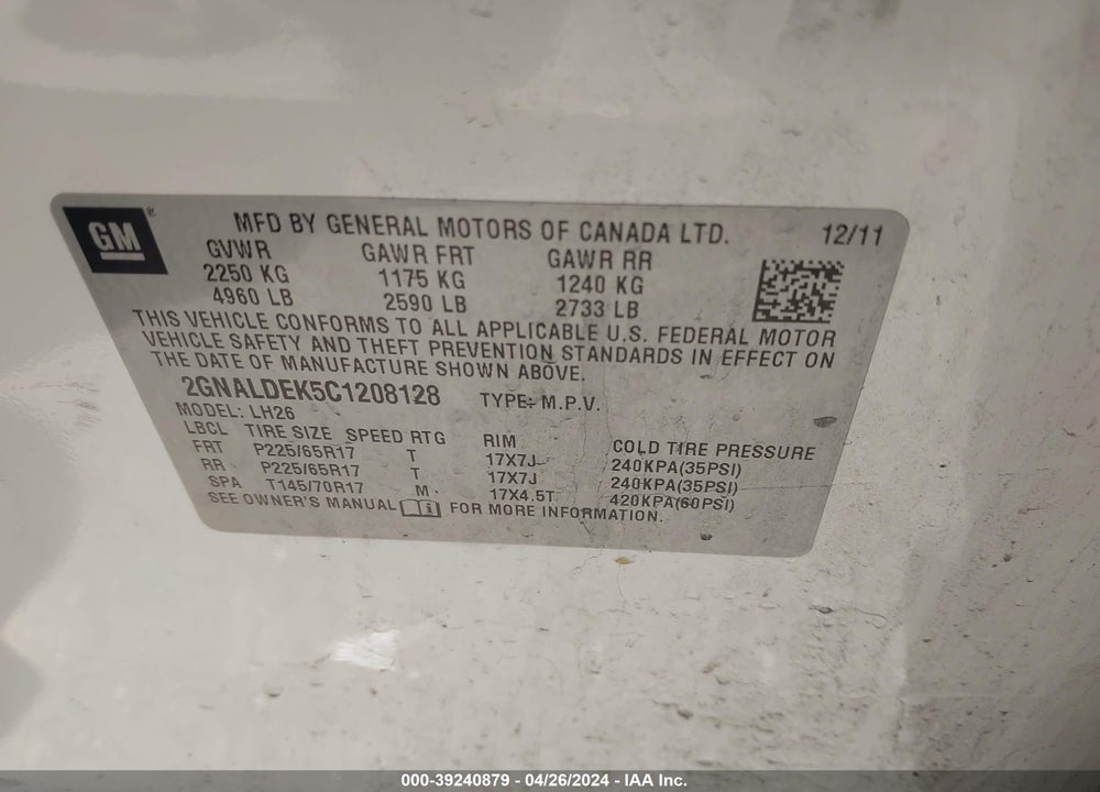 2012 CHEVROLET EQUINOX VIN: 2GNALDEK5C1208128