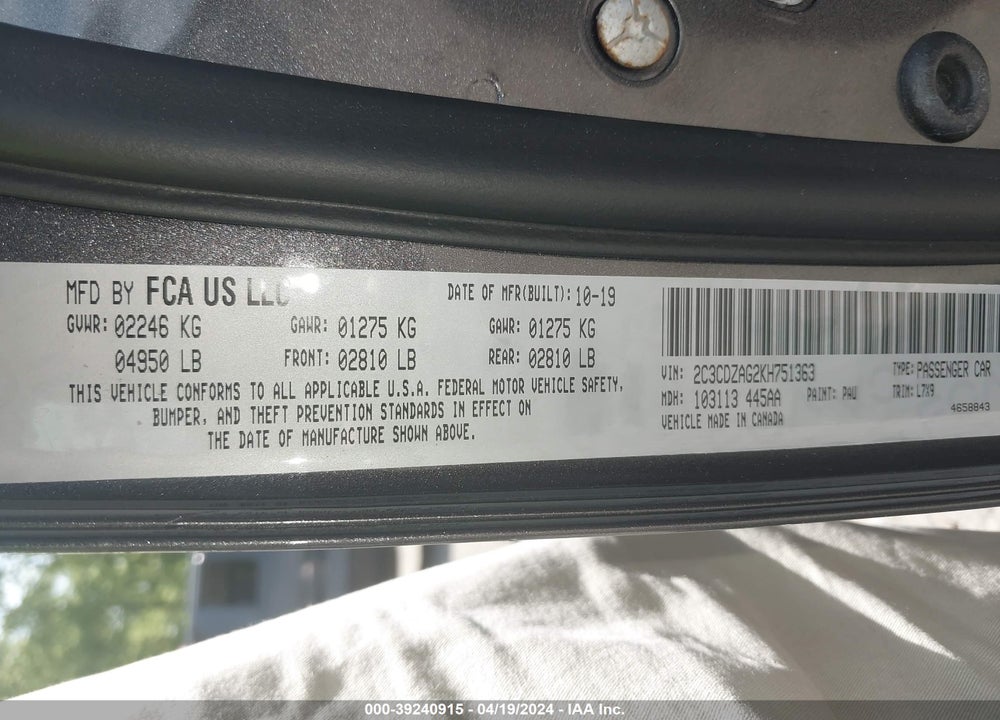 2019 DODGE CHALLENGER SXT VIN: 2C3CDZAG2KH751363