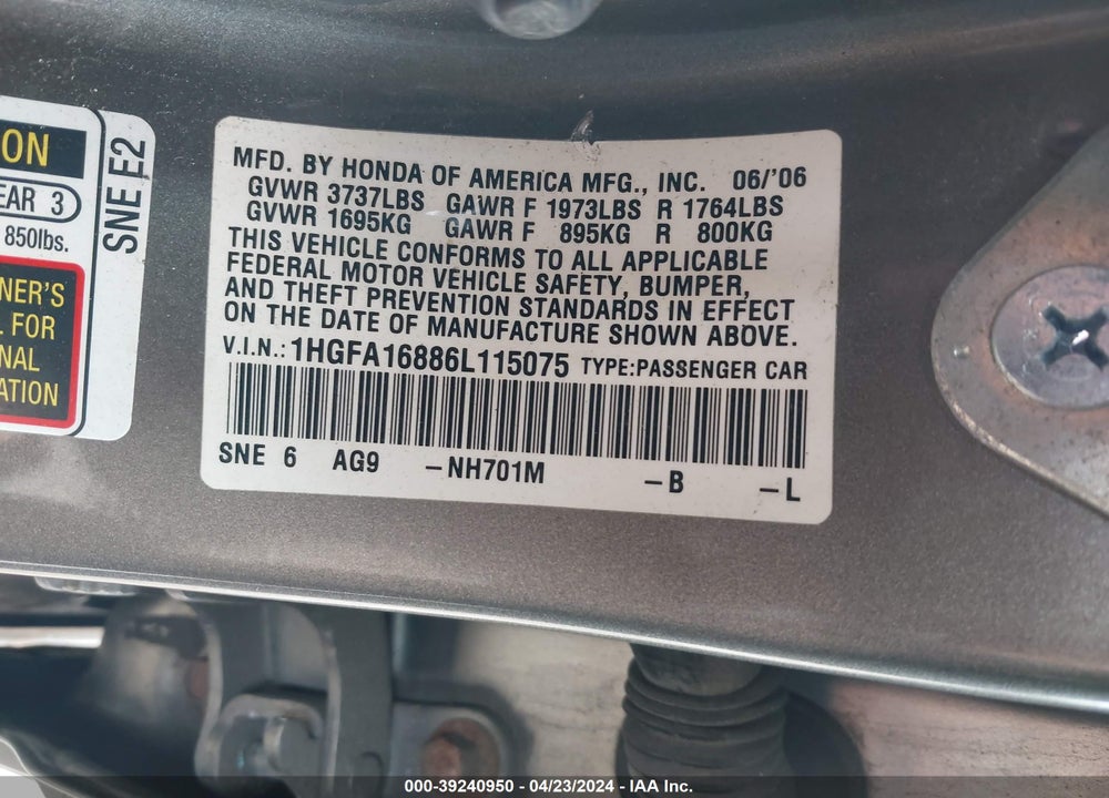 2006 HONDA CIVIC EX VIN: 1HGFA16886L115075