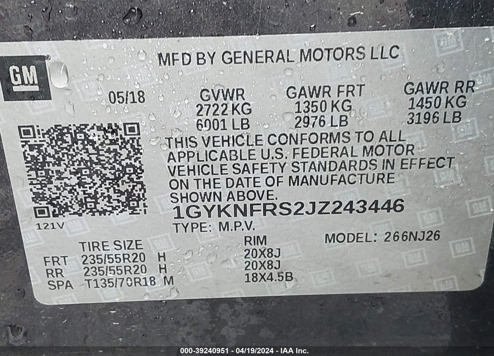 2018 CADILLAC XT5 VIN: 1GYKNFRS2JZ243446