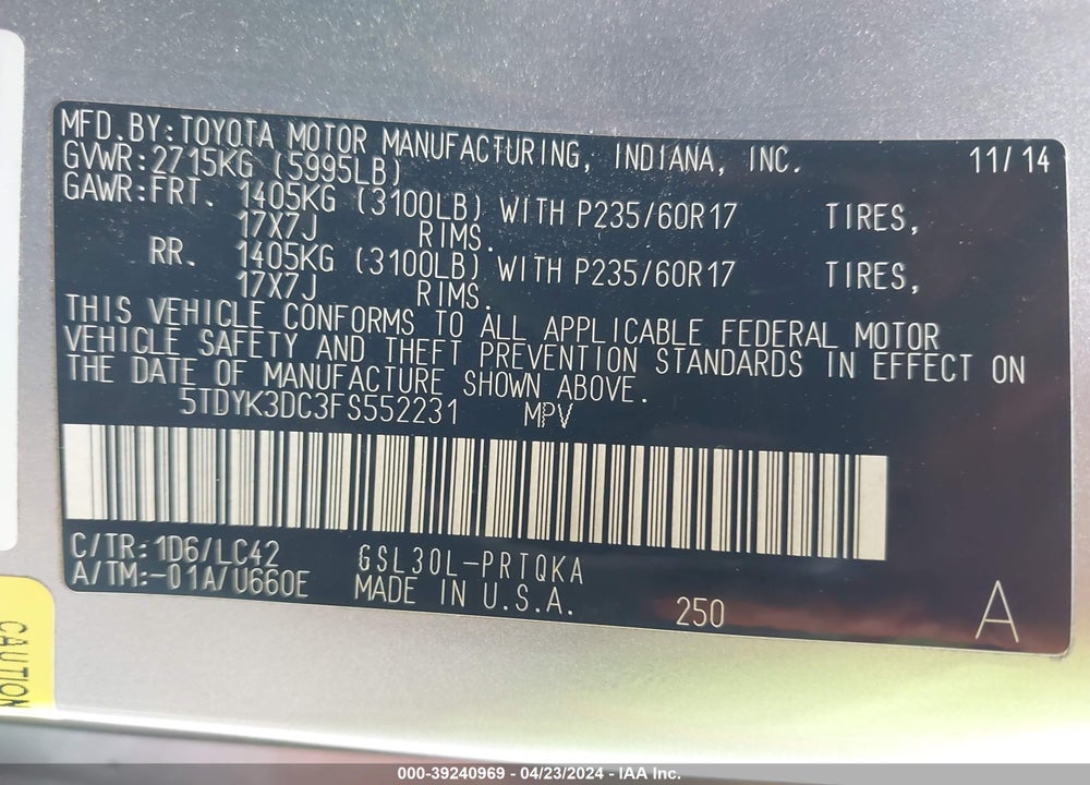 2015 TOYOTA SIENNA XLE 8 PASSENGER VIN: 5TDYK3DC3FS552231