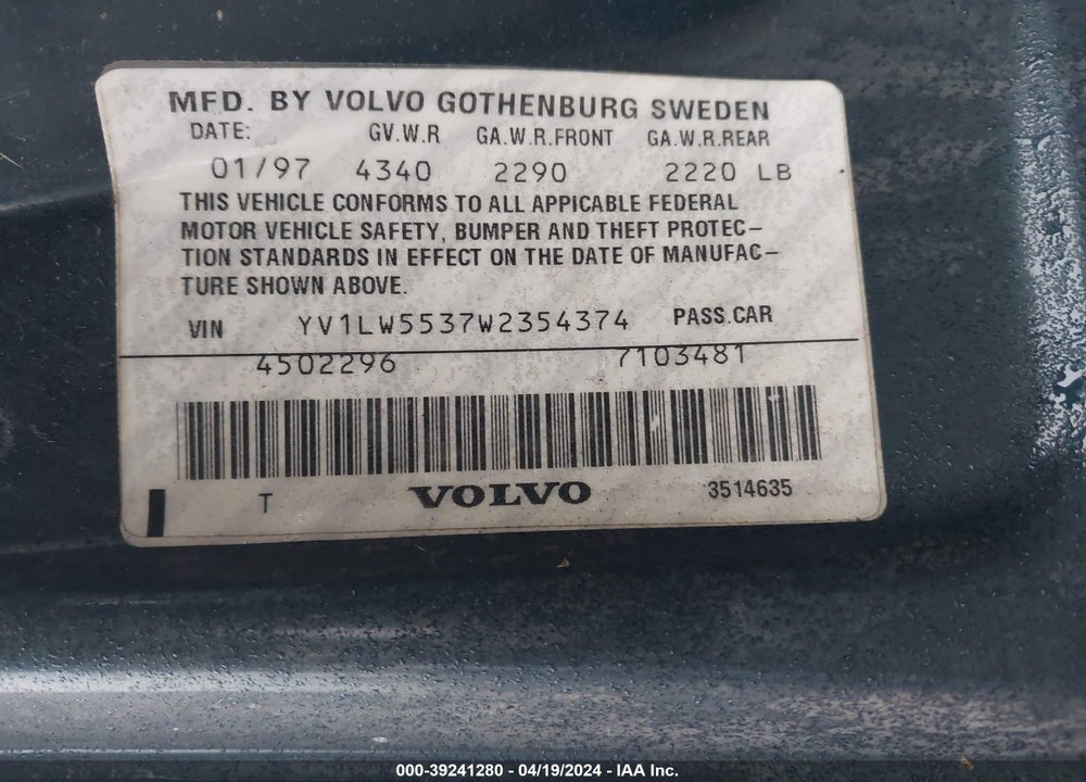 1998 VOLVO V70 GTAS/GTMS VIN: YV1LW5537W2354374