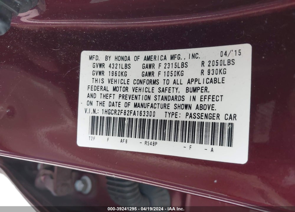 2015 HONDA ACCORD EX-L VIN: 1HGCR2F82FA163300