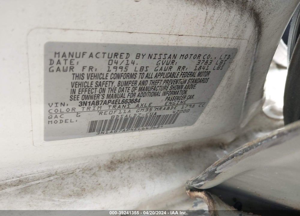 2014 NISSAN SENTRA VIN: 3N1AB7AP4EL663684