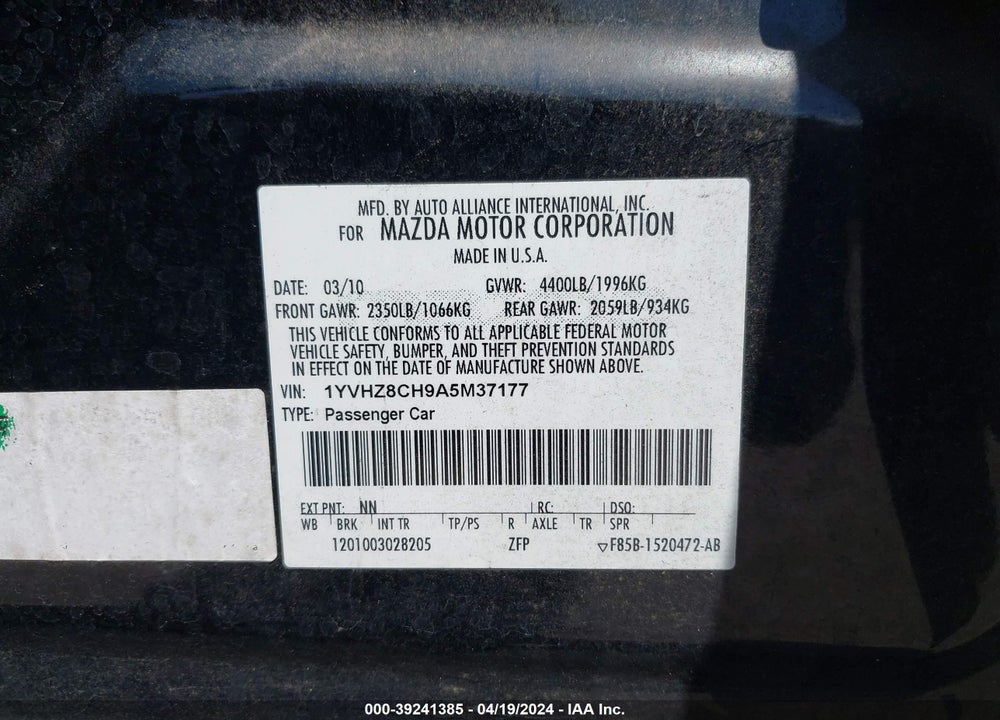 2010 MAZDA 6 I TOURING PLUS VIN: 1YVHZ8CH9A5M37177