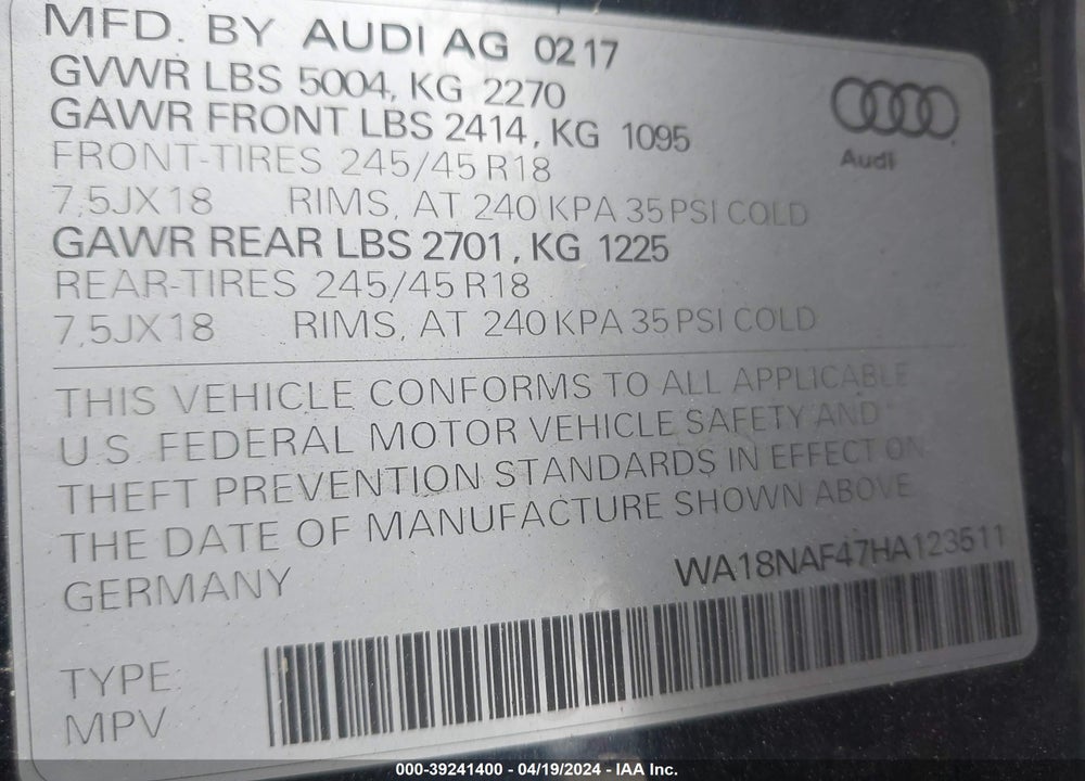 2017 AUDI A4 ALLROAD 2.0T PREMIUM VIN: WA18NAF47HA123511