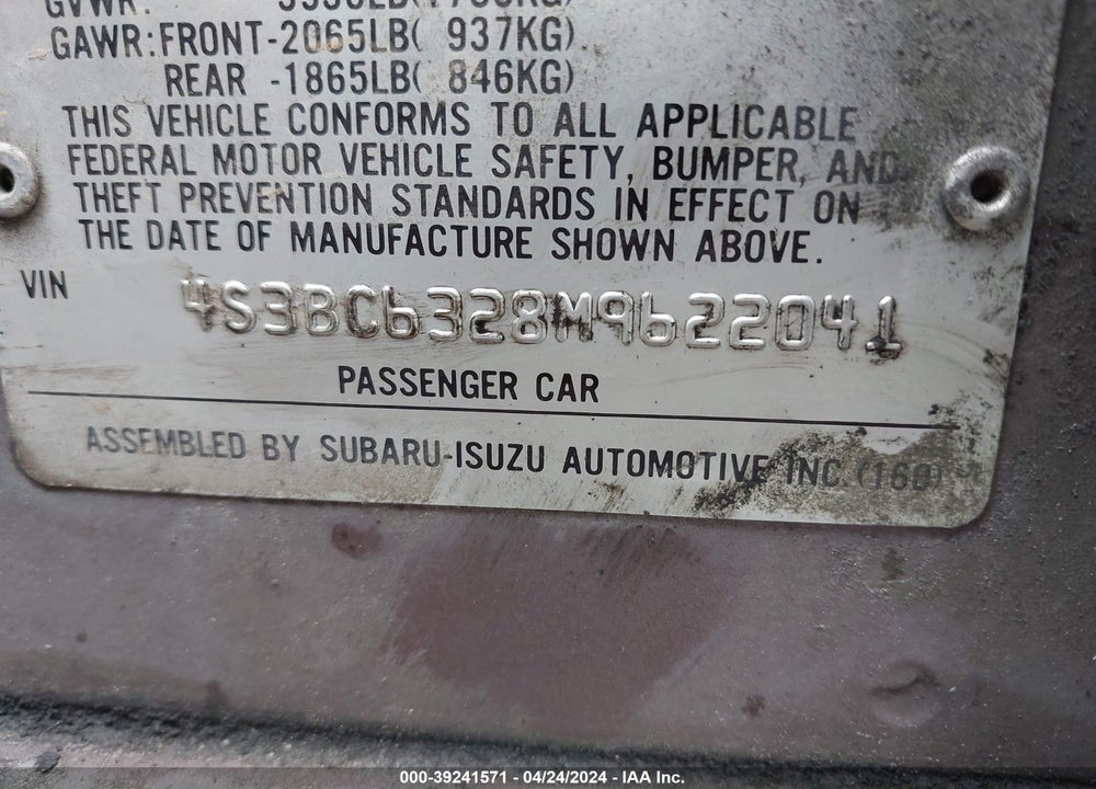 1991 SUBARU LEGACY L/HX/PX/RX VIN: 4S3BC6328M9622041