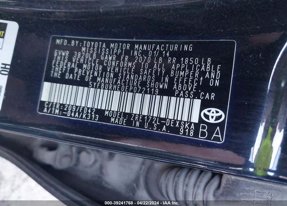 2014 TOYOTA COROLLA S PLUS VIN: 5YFBURHE0EP072119