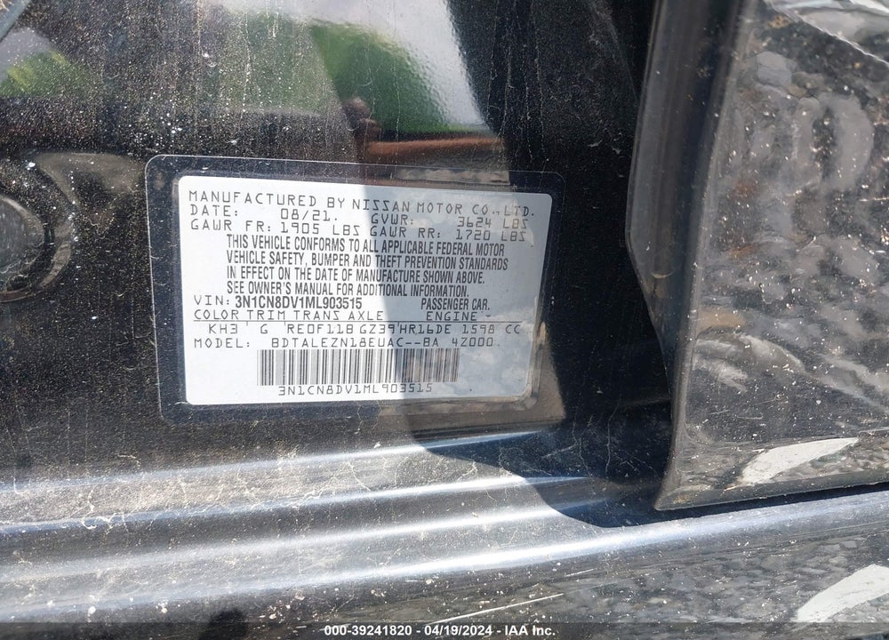 2021 NISSAN VERSA S XTRONIC CVT VIN: 3N1CN8DV1ML903515