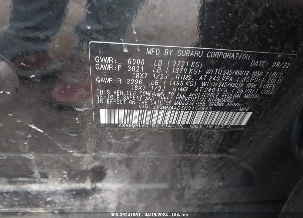 2022 SUBARU ASCENT VIN: 4S4WMAAD5N3458981