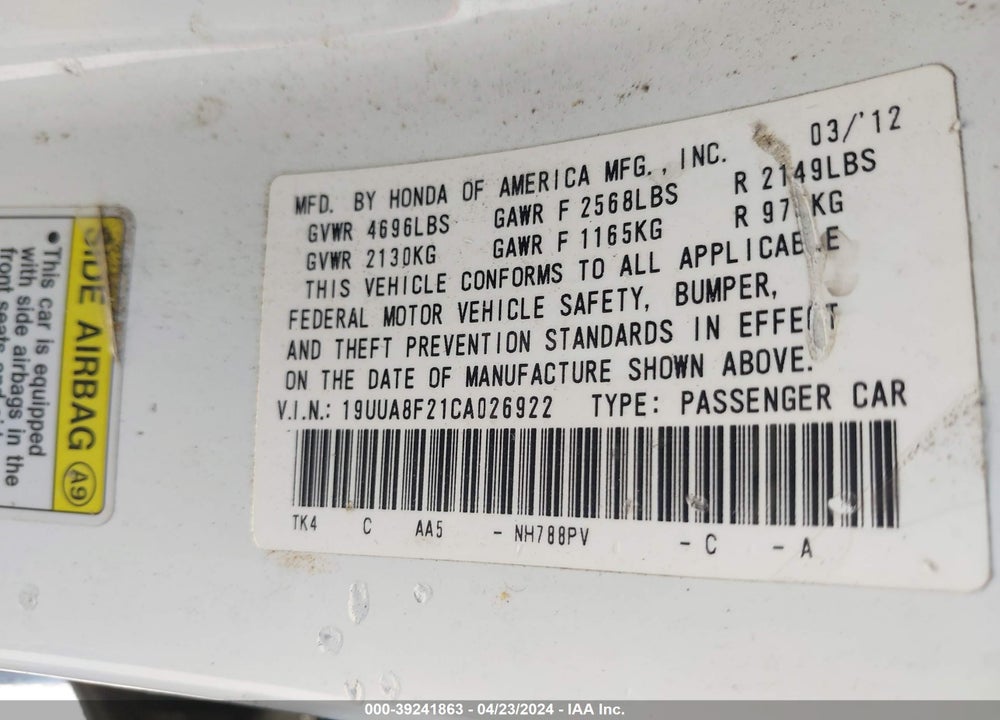2012 ACURA TL 3.5 VIN: 19UUA8F21CA026922