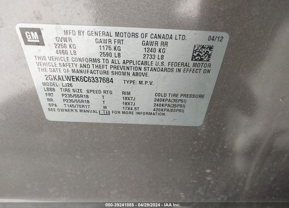2012 GMC TERRAIN SLT-2 VIN: 2GKALWEK6C6337684