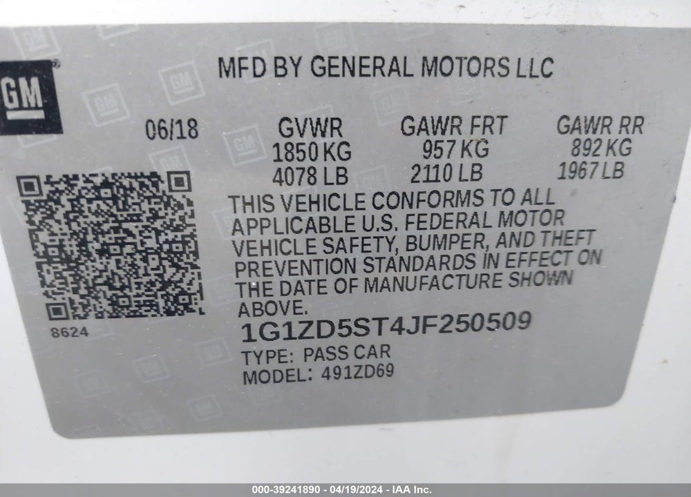 2018 CHEVROLET MALIBU LT VIN: 1G1ZD5ST4JF250509