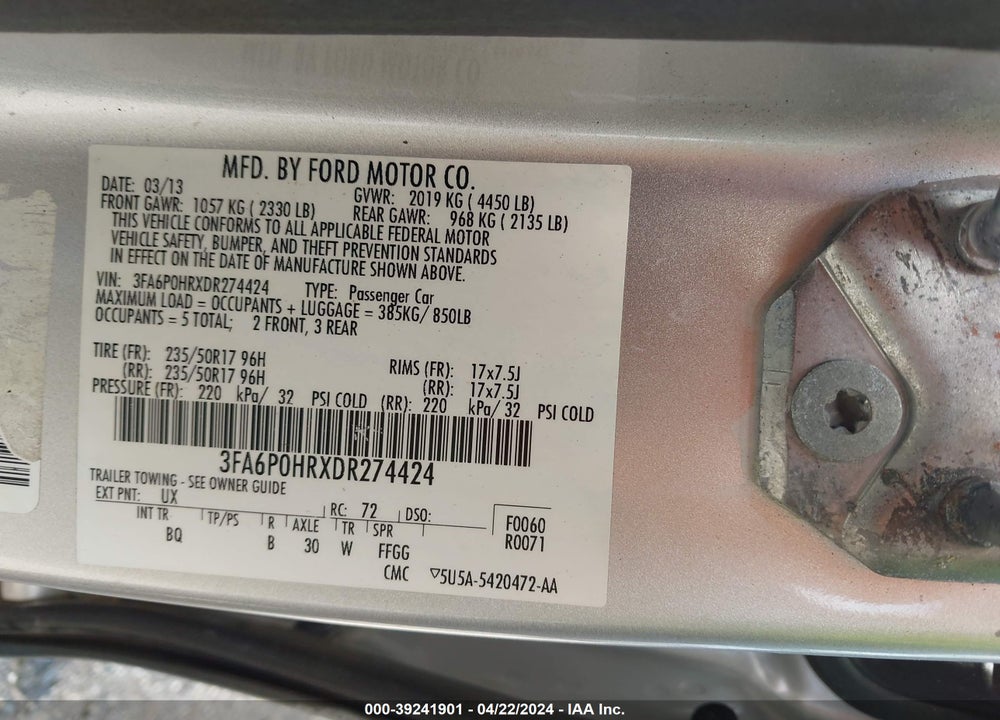 2013 FORD FUSION SE VIN: 3FA6P0HRXDR274424