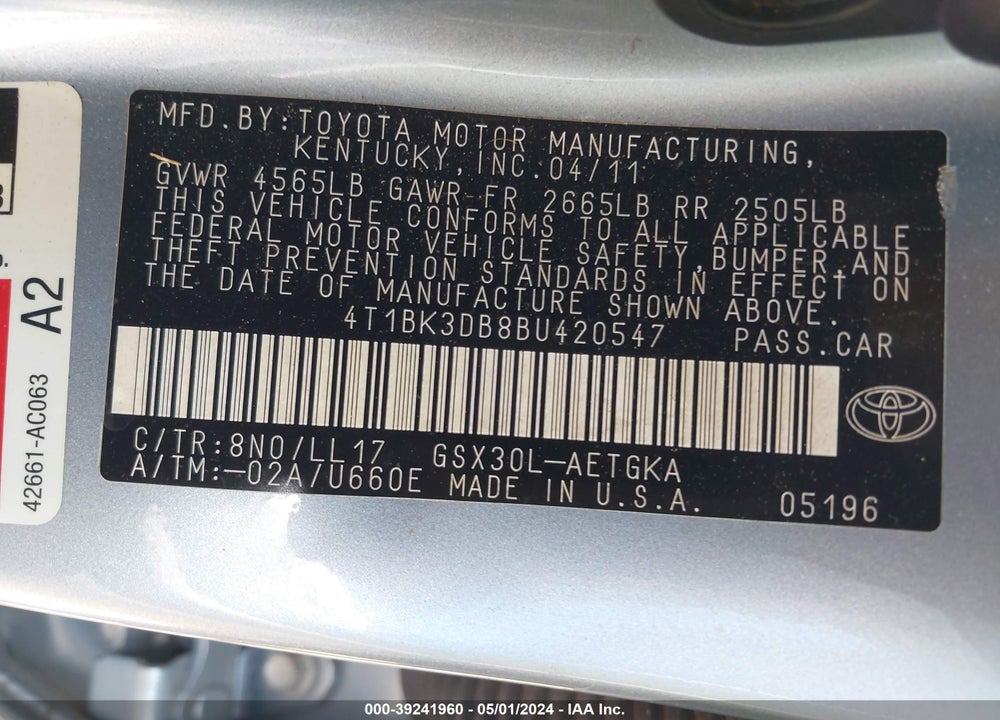 2011 TOYOTA AVALON VIN: 4T1BK3DB8BU420547