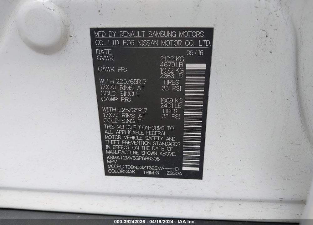 2016 NISSAN ROGUE SV VIN: KNMAT2MV6GP698306
