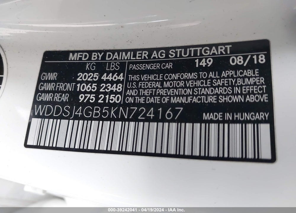 2019 MERCEDES-BENZ CLA 250 4MATIC VIN: WDDSJ4GB5KN724167