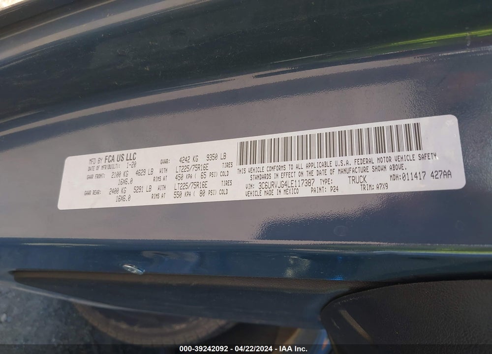 2020 RAM PROMASTER 3500 CARGO VAN HIGH ROOF 159 WB EXT VIN: 3C6URVJG4LE117387