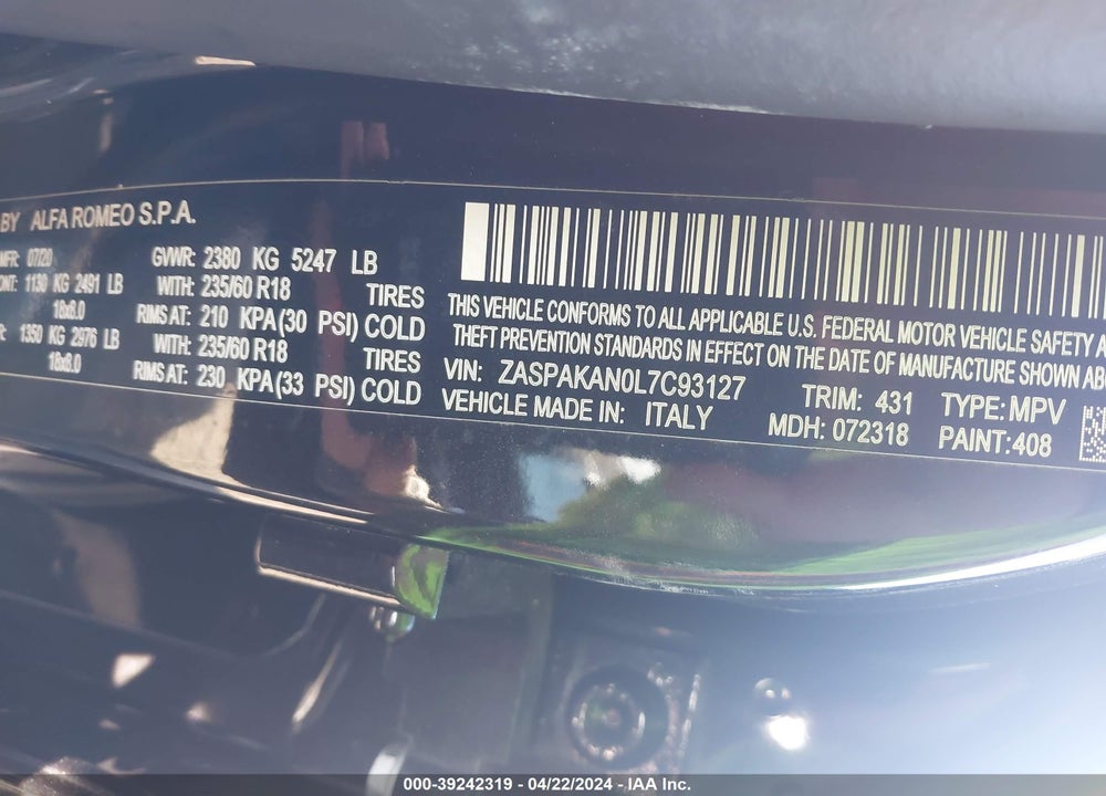 2020 ALFA ROMEO STELVIO AWD VIN: ZASPAKAN0L7C93127