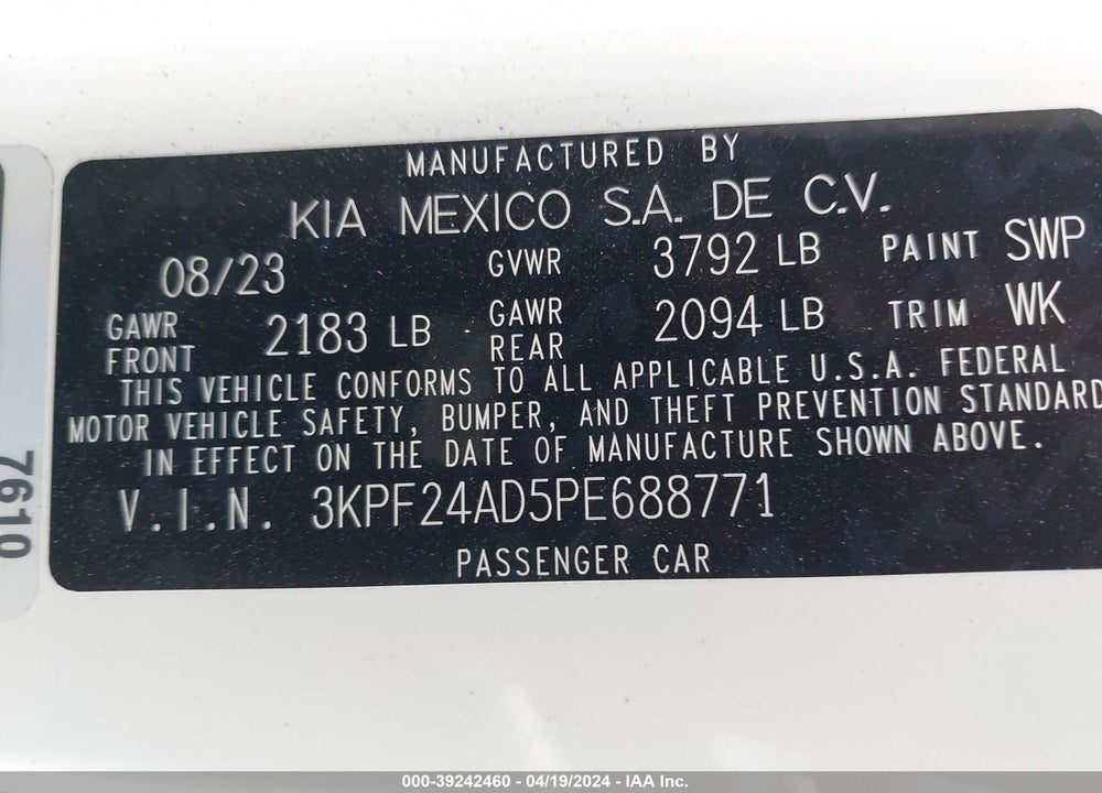 2023 KIA FORTE LXS VIN: 3KPF24AD5PE688771