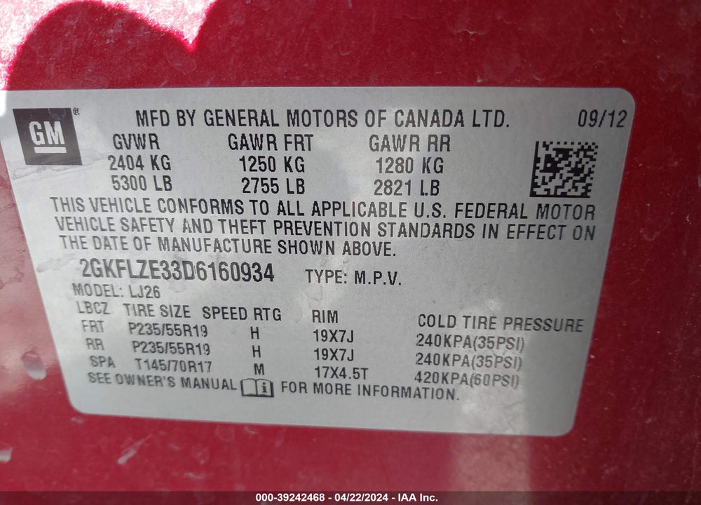 2013 GMC TERRAIN VIN: 2GKFLZE33D6160934