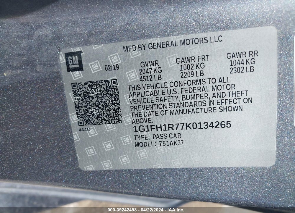2019 CHEVROLET CAMARO 2SS VIN: 1G1FH1R77K0134265