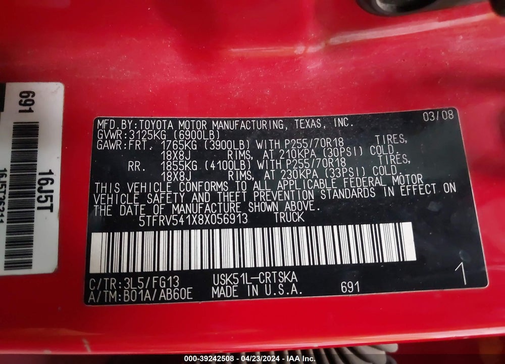 2008 TOYOTA TUNDRA SR5 5.7L V8 VIN: 5TFRV541X8X056913