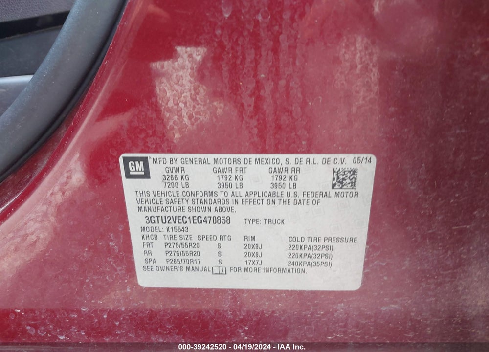 2014 GMC SIERRA 1500 SLT VIN: 3GTU2VEC1EG470858