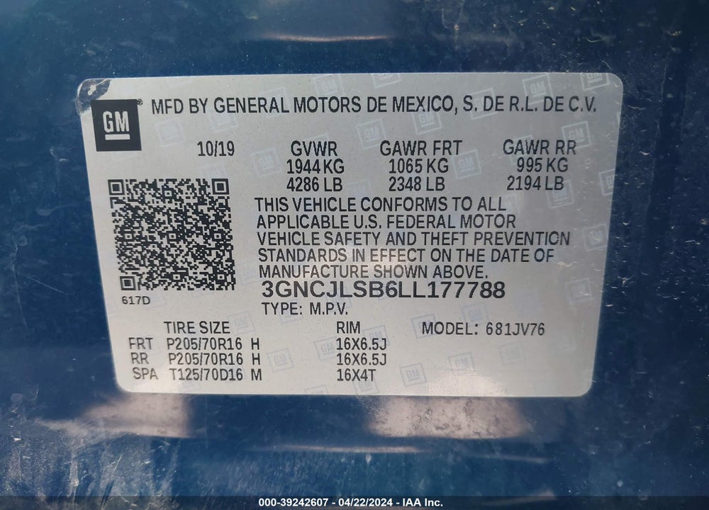 2020 CHEVROLET TRAX FWD LT VIN: 3GNCJLSB6LL177788