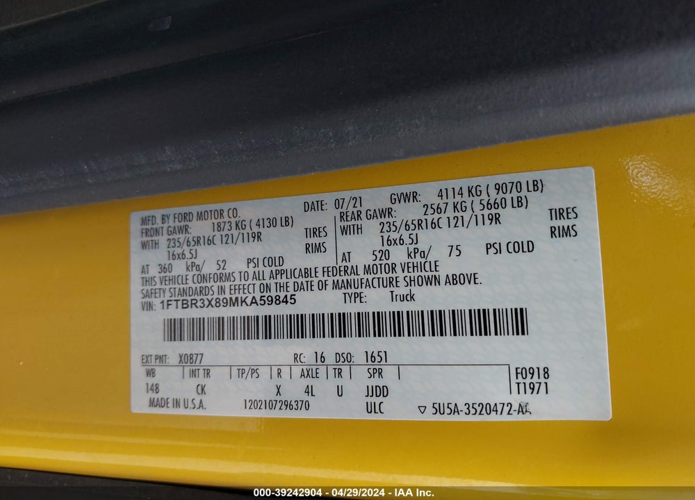 2021 FORD TRANSIT-250 CARGO VAN VIN: 1FTBR3X89MKA59845