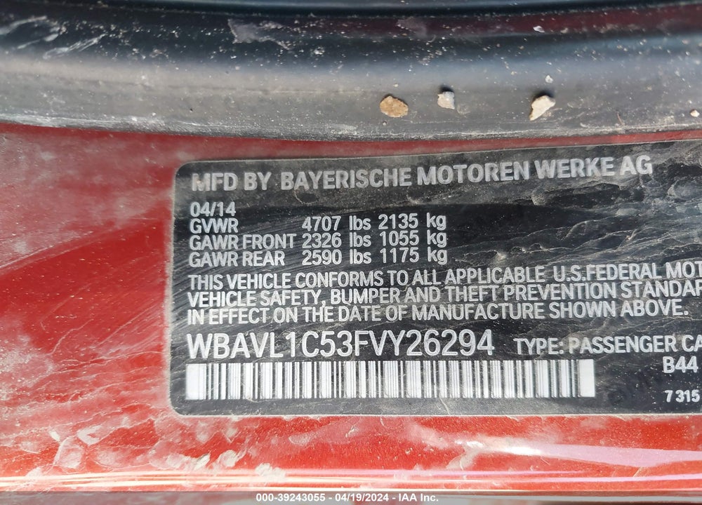2015 BMW X1 XDRIVE28I VIN: WBAVL1C53FVY26294