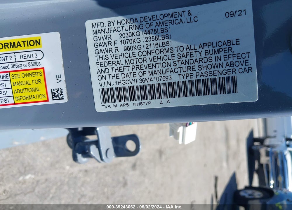 2021 HONDA ACCORD SPORT VIN: 1HGCV1F36MA107593
