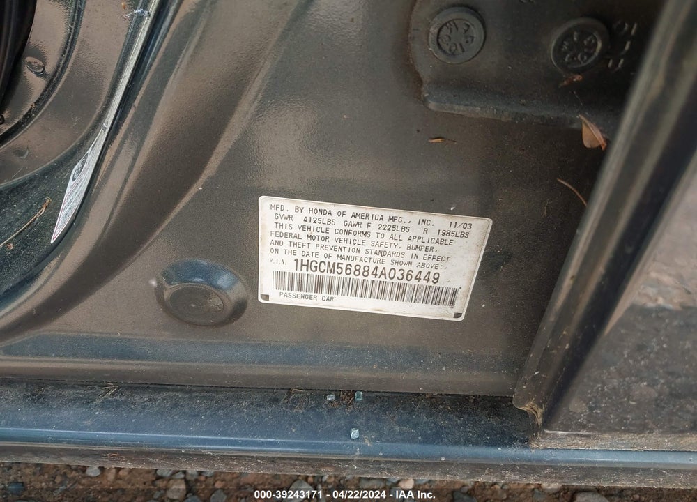 2004 HONDA ACCORD 2.4 EX VIN: 1HGCM56884A036449