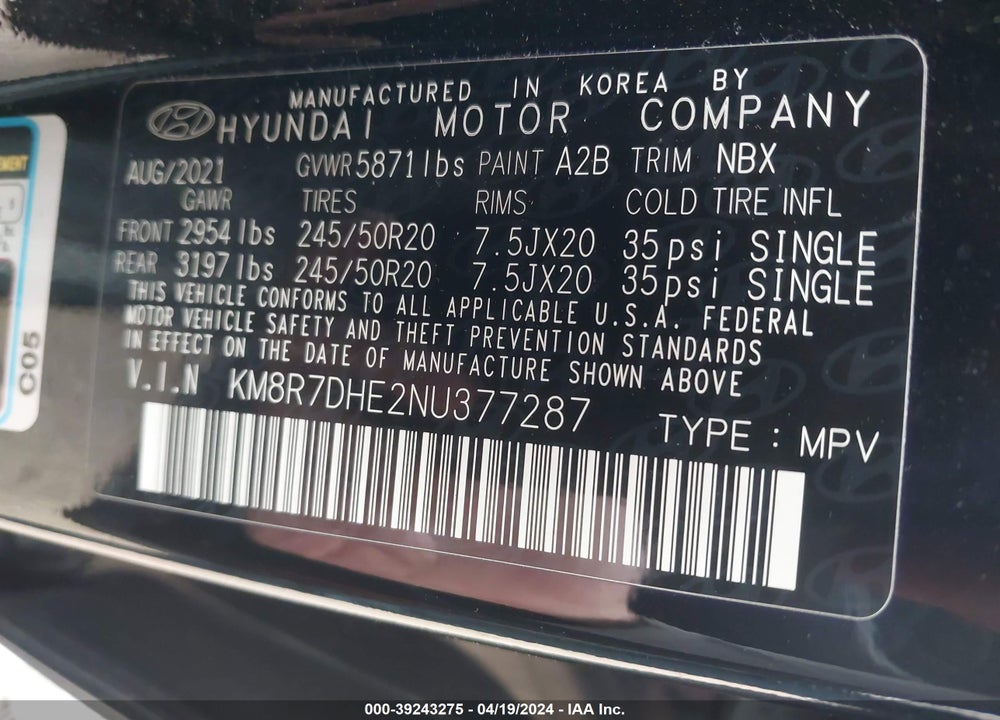 2022 HYUNDAI PALISADE CALLIGRAPHY VIN: KM8R7DHE2NU377287