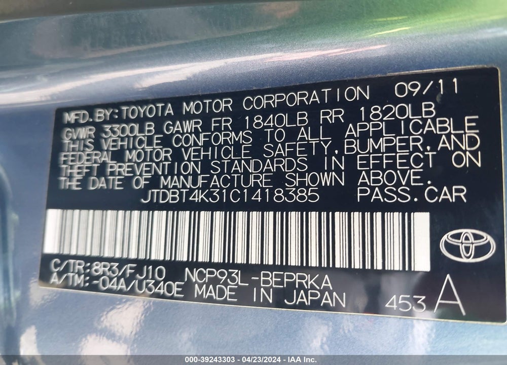 2012 TOYOTA YARIS VIN: JTDBT4K31C1418385