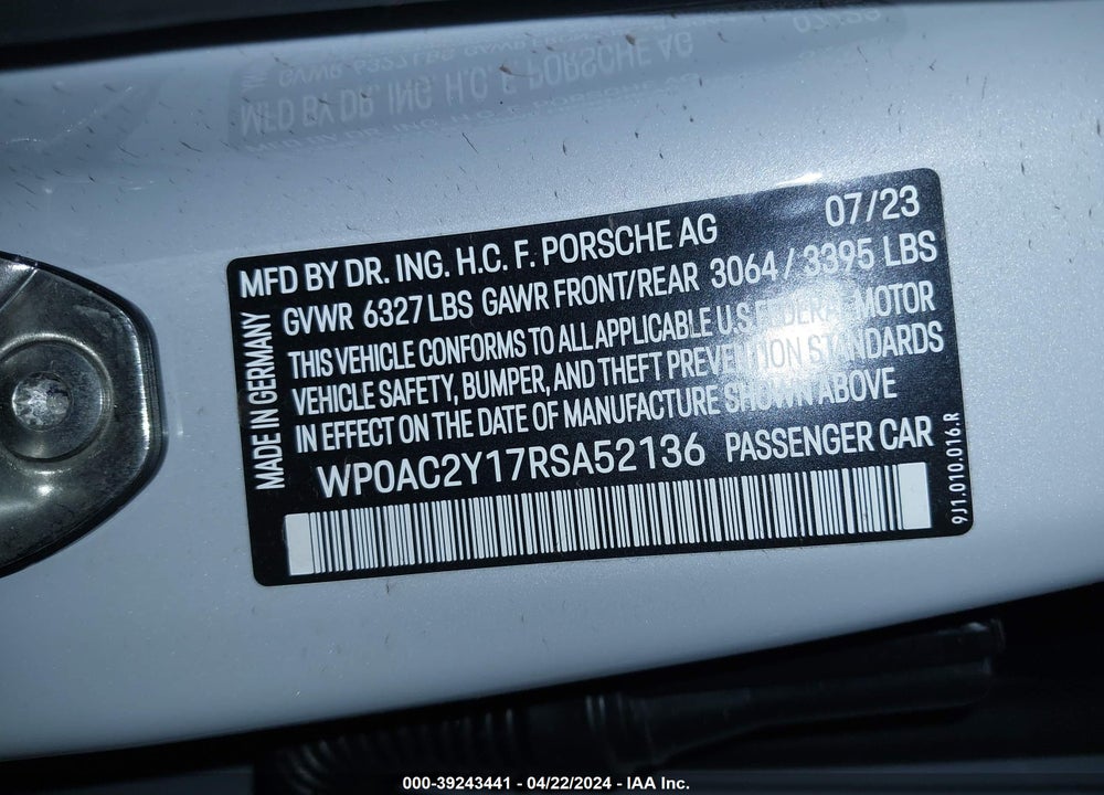 2024 PORSCHE TAYCAN TURBO/TURBO S VIN: WP0AC2Y17RSA52136