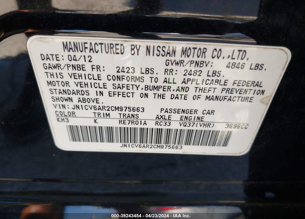 2012 INFINITI G37X VIN: JN1CV6AR2CM975663