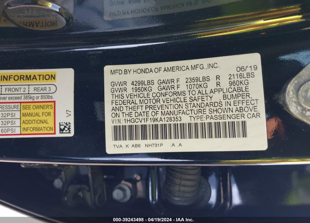 2019 HONDA ACCORD LX VIN: 1HGCV1F19KA128353