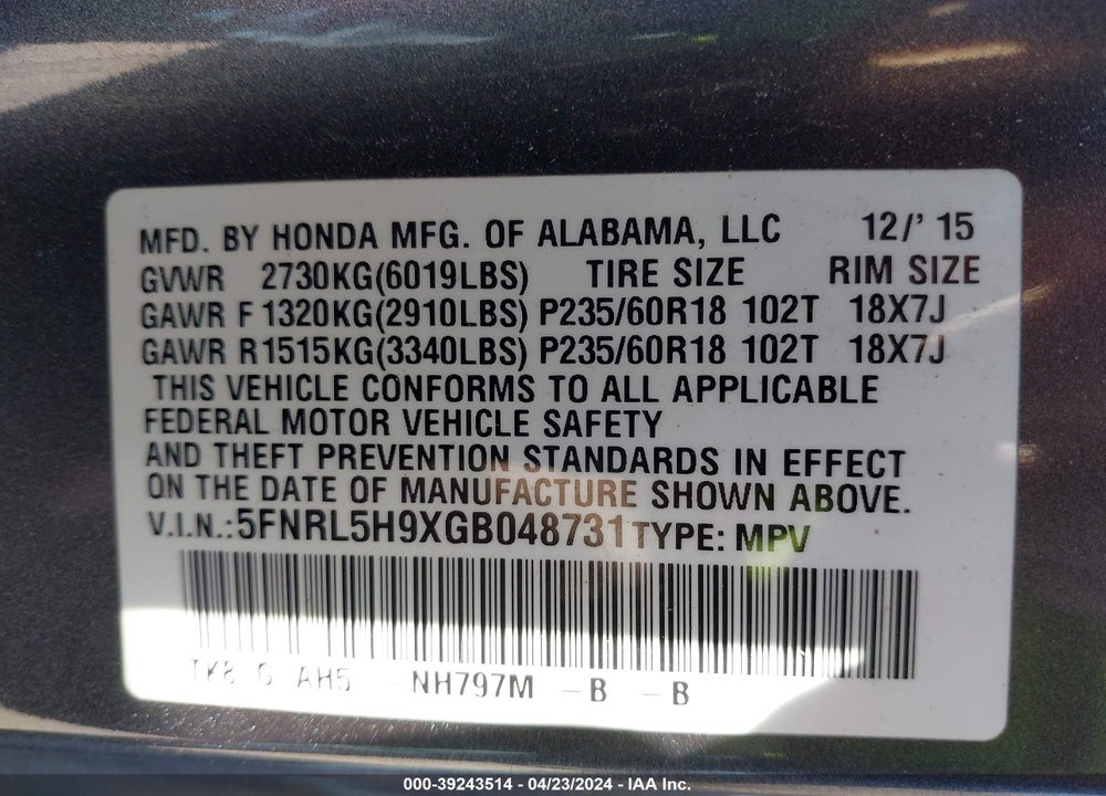 2016 HONDA ODYSSEY TOURING/TOURING ELITE VIN: 5FNRL5H9XGB048731